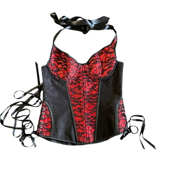 Black & Red Corset Top With Lace-Up Design & Halter Straps Size XXL - Picture 1 of 4